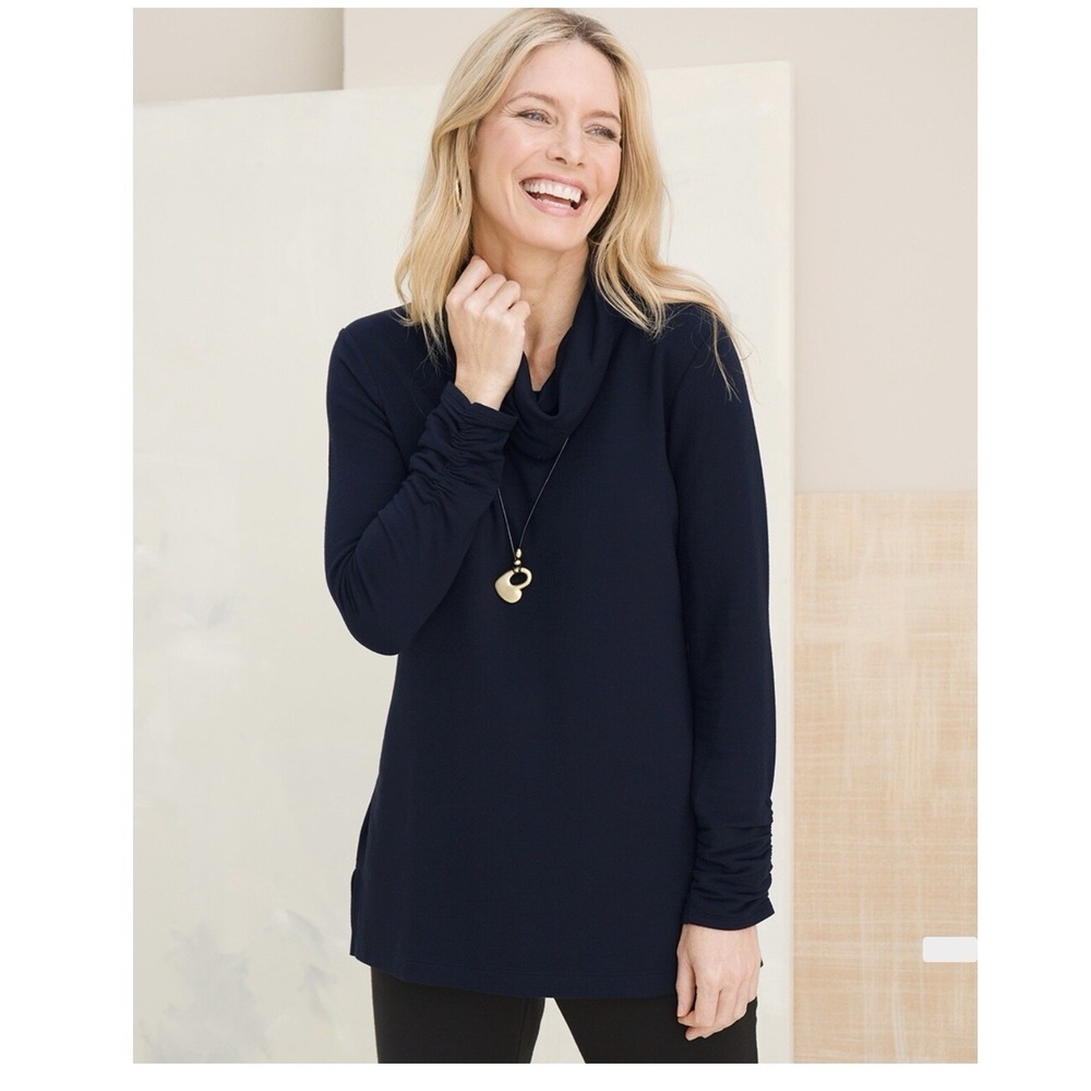 Zenergy By Chicos Tunic Shirt Womens 0 Navy Blue Cowl Neck Stretch Ruched Sleeve